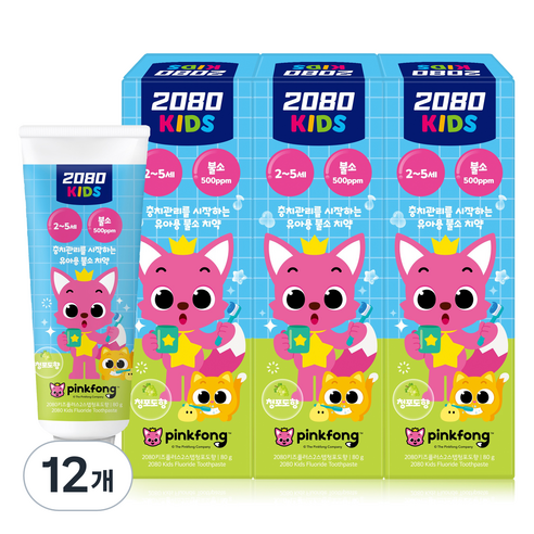 2080 핑크퐁 2스텝 불소 아동용 치약 청포도향, 80g, 12개