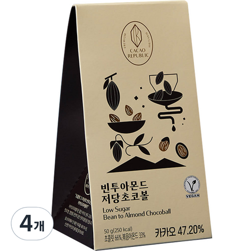 카카오리퍼블릭 빈투 아몬드초코볼 무설탕 비건 다크 초콜릿, 50g, 4개