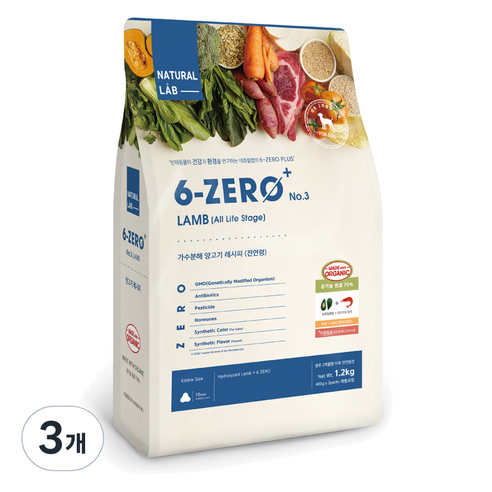 내츄럴랩 전연령 유기농 6제로 건식사료, 양, 1.2kg, 3개