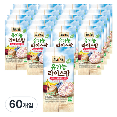 엘빈즈 유기농 라이스팝 과자, 바나나 + 블루베리 + 비트 혼합맛, 60개입, 15g