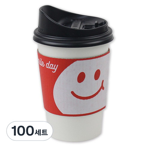 아이엔피 종이컵 화이트 무지 380ml + 롱개폐 뚜껑 + 홀더 스마일레드 세트, 100세트