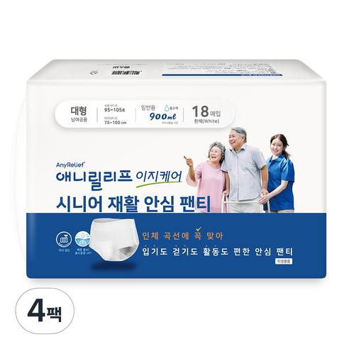 애니릴리프 재활 안심 팬티형 성인 기저귀 대형 화이트, 18매입, 4개