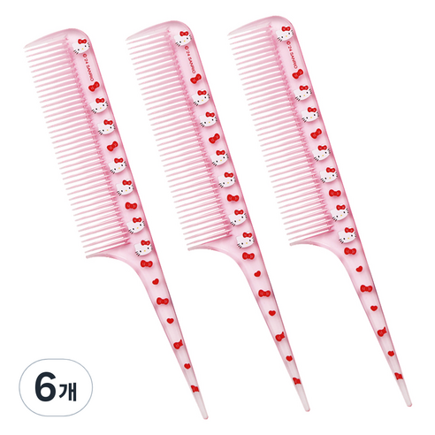 산리오캐릭터즈 미니 꼬리빗, 6개, 헬로키티 투명 핑크