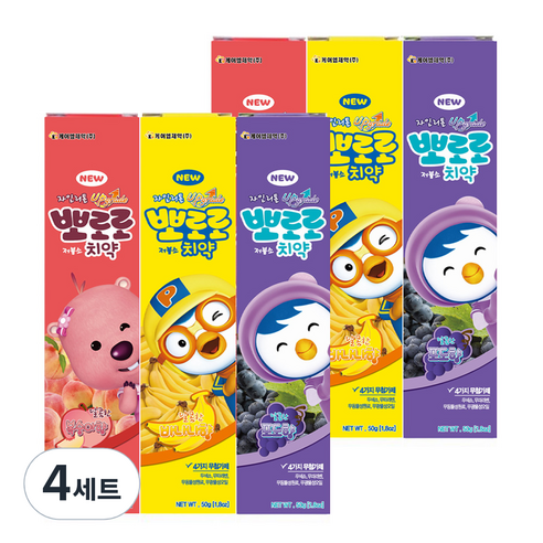 뽀로로 저불소 치약 복숭아향 + 바나나향 + 포도향 세트, 50g, 4세트