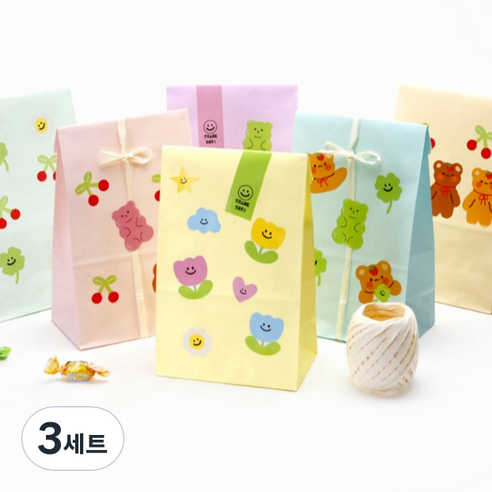 인디케이 큐티베어 구디백 종이 봉투 중 혼합 36p + 스티커 126p + 라피아 끈 세트, 혼합색상, 3세트