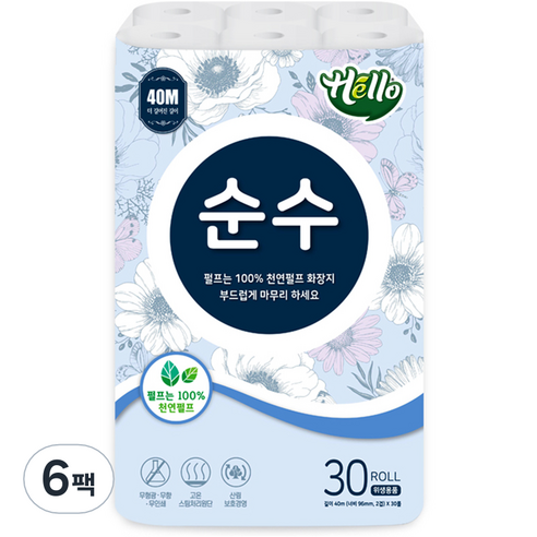 헬로 순수 천연펄프 2겹 롤화장지, 40m, 30개입, 6개