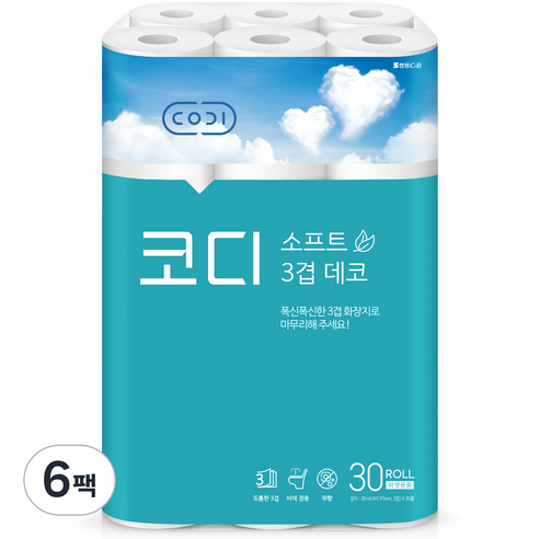 코디 3겹 소프트 데코 화장지 30m, 30롤, 6팩