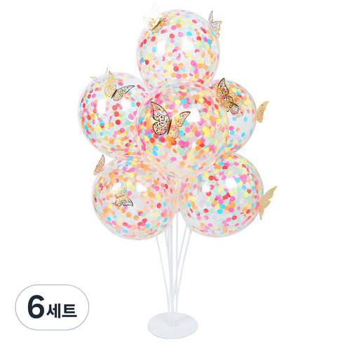 파티쇼 풍선꽂이 70cm 컨페티 풍선 레인보우 1개 + 나비데코 2개 세트, 골드(나비데코), 6세트