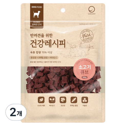 굿데이 강아지 건강레시피 간식, 소고기 큐브, 300g, 2개