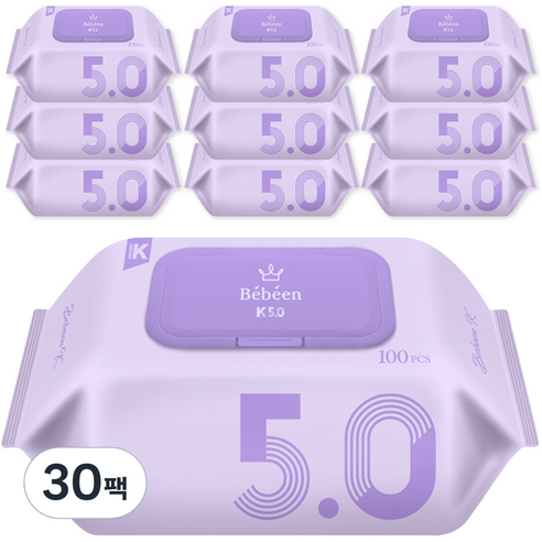 베베앙 K 5.0 아기물티슈 캡형 50gsm, 100매, 30개