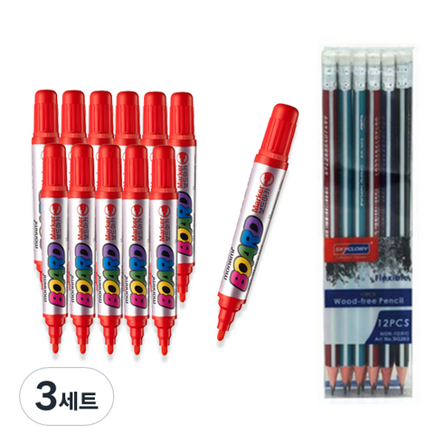 모나미 보드마카 B 12p +스카이글로리 삼각지우개 연필 12p 세트, 적색, 3세트