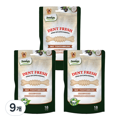 덴탈라이트 덴탈 프레쉬 360도 칫솔 강아지 덴탈껌, 관절보호, 150g, 9개