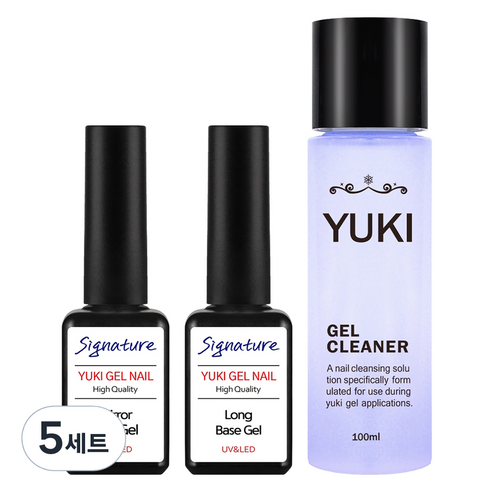 유키 젤네일 시그니처 클리어 세트, 5세트, 미러탑젤 7ml + 롱베이스젤 7ml + 젤클리너 100ml