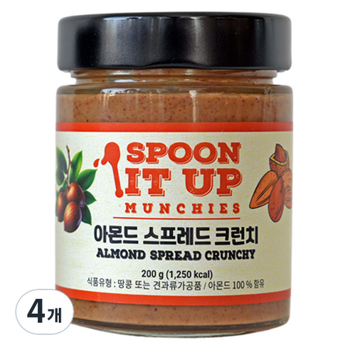 스푼잇업 무가당 아몬드 스프레드 버터 크런치, 4개, 200g