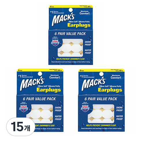 Macks 필로우소프트 수면 귀마개 흰색, 15개, 6쌍
