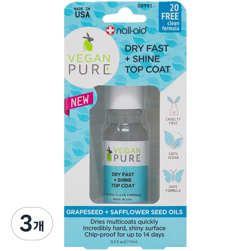 네일에이드 비건퓨어 드라이패스트 플러스 샤인 탑코트 08991, 투명, 15ml, 3개