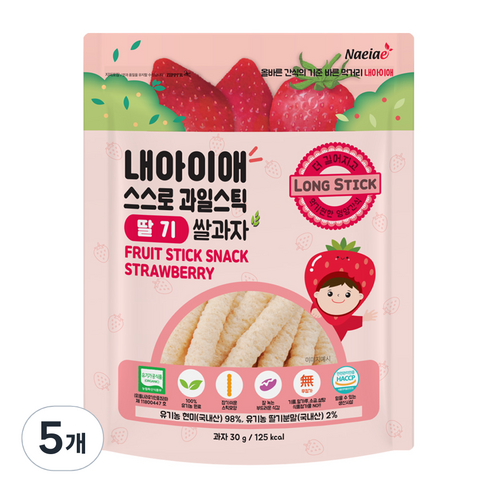 유아용 내아이애 유기농 스스로 과일 롱스틱, 딸기, 30g, 5개