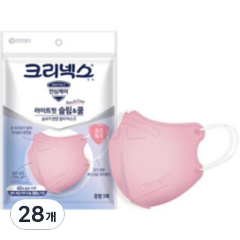 크리넥스 라이트핏 슬림앤쿨 마스크 핑크 중형 성인 유아동용, 5개입, 28개