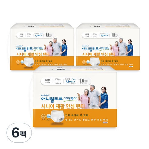 애니릴리프 재활 안심 팬티형 성인 기저귀 장시간용 대형 화이트, 18매입, 6팩