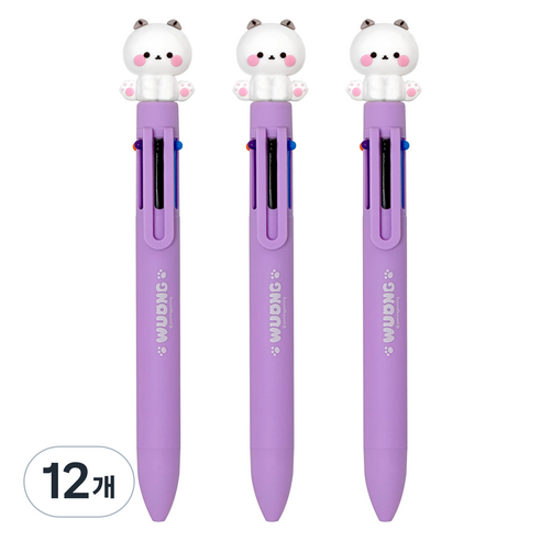 다꾸 캐릭터 우옹이 6색 볼펜 0.7mm, 화이트 고양이, 12개