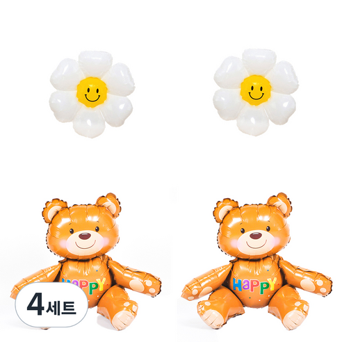 파티쇼 슈퍼쉐잎 은박풍선 HAPPY 곰돌이 2p + 데이지 플라워 소형 2p 세트, 혼합색상, 4세트