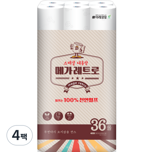 미래생활 메가레트로 3겹 천연펄프 화장지 27m, 36개입, 4개