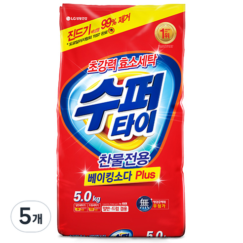 수퍼타이 찬물 전용 효소 분말 세제 일반드럼 겸용 리필, 5kg, 5개