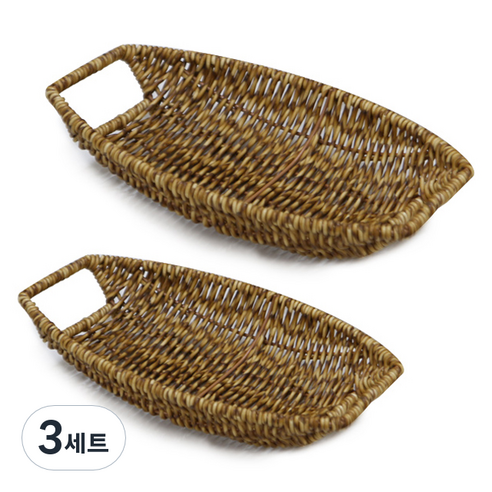 내일의공간 PP 라탄 타원형 손잡이 트레이 소 + 대 2종 세트, 브라운, 3세트