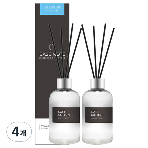 베이스노트 홈 디퓨저, 소프트코튼, 200ml, 4개