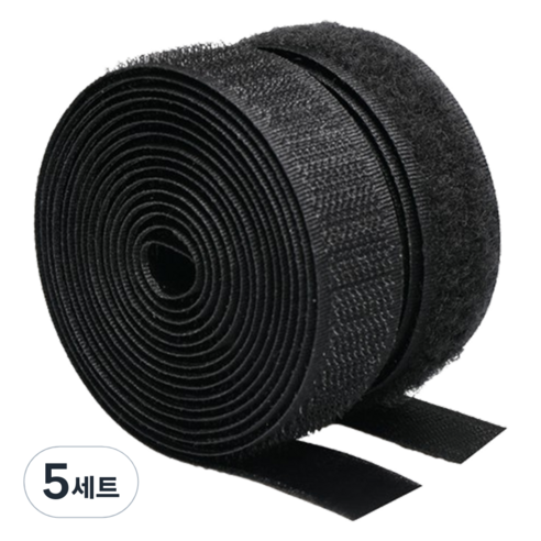 쿠말 접착 초강력 벨크로 테이프 갈고리면 20mm x 5m + 부착면 20mm x 5m 세트, 블랙, 5세트