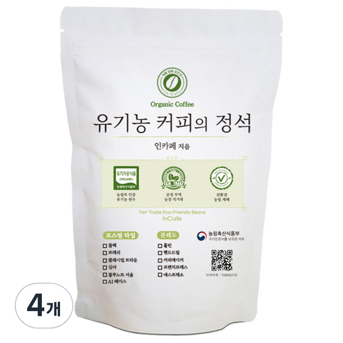인카페 유기농 커피의 정석 올가닉심야 분쇄 커피, 200g, 4개, 에스프레소
