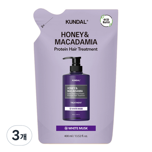 쿤달 허니 앤 마카다미아 헤어 트리트먼트 리필팩 화이트머스크향, 400ml, 3개