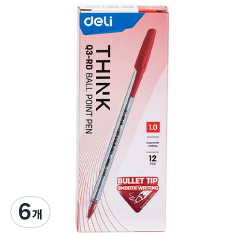 델리 사무용 유성 볼펜 1.0mm EQ3 12p, 레드, 6개