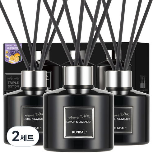 쿤달 퍼퓸 디퓨저 아로마에디션 200ml 3개 + 섬유스틱 15개 세트, 레몬앤라벤더향, 600ml, 2세트