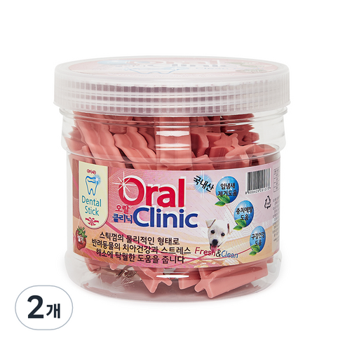 오랄클리닉 반려동물 치석제거용 덴탈껌 300g, 딸기, 2개