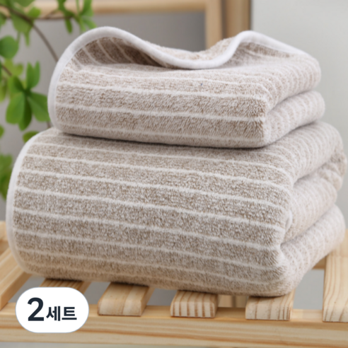 BBOO 모던스트라이프 바디 바스 타올 비치 타월 소형+대형, 브라운, 2세트