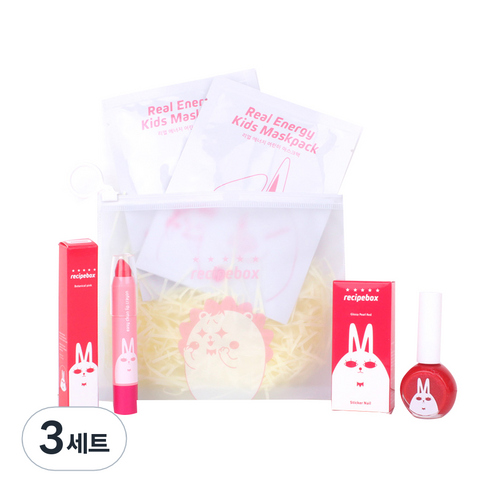 레시피박스 어린이 여행용 심플 메이크업 세트, 휴대용 파우치 + 어린이 마스크팩 2p + 립크레용 + 매니큐어 글로시펄 레드, 3세트