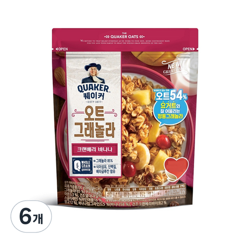 롯데제과 퀘이커 오트 그래놀라 시리얼 크랜베리바나나, 200g, 6개