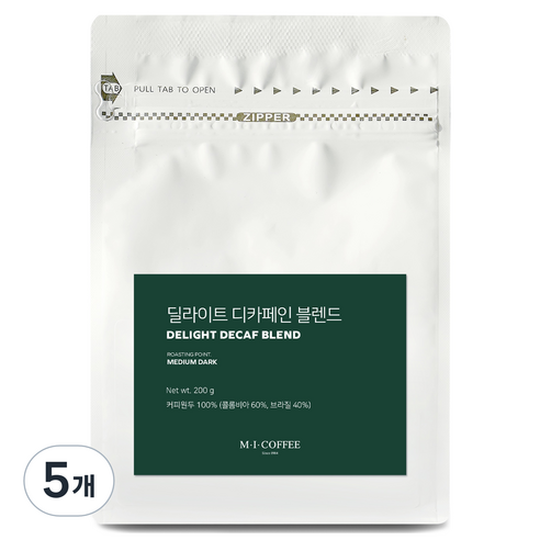 엠아이커피 딜라이트 디카페인 블렌드, 200g, 5개, 홀빈(분쇄안함)