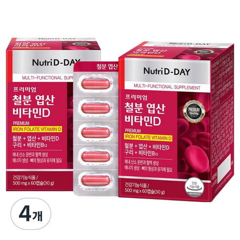 뉴트리디데이 프리미엄 철분 엽산 비타민D 30g, 60정, 4개