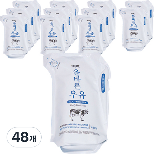 비락 올바른 우유, 180ml, 48개
