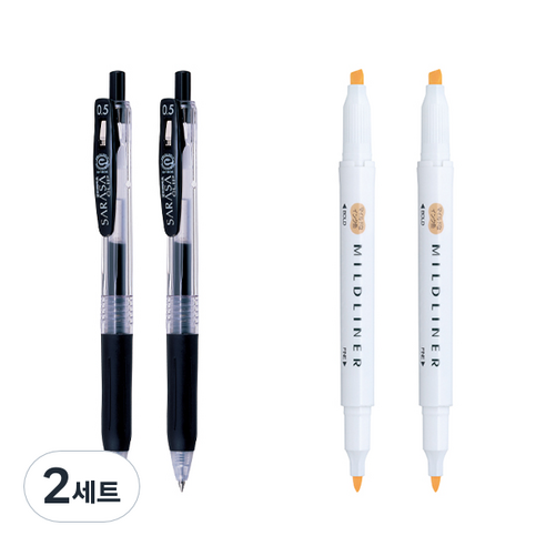 제브라 마일드라이너 마카 2p + 사라사 클립 볼펜 0.5mm 2p 세트, 오렌지(마일드라이너), 검정(볼펜), 2세트