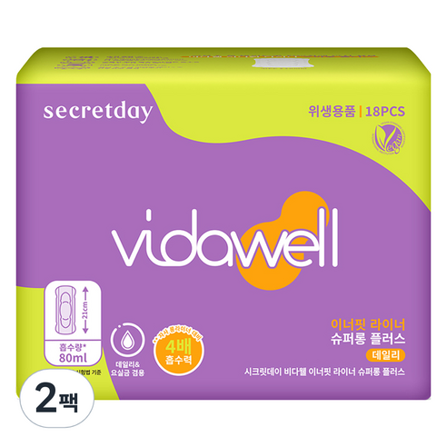 비다웰 시크릿데이 이너핏 라이너, 슈퍼롱플러스, 2세트, 18매입