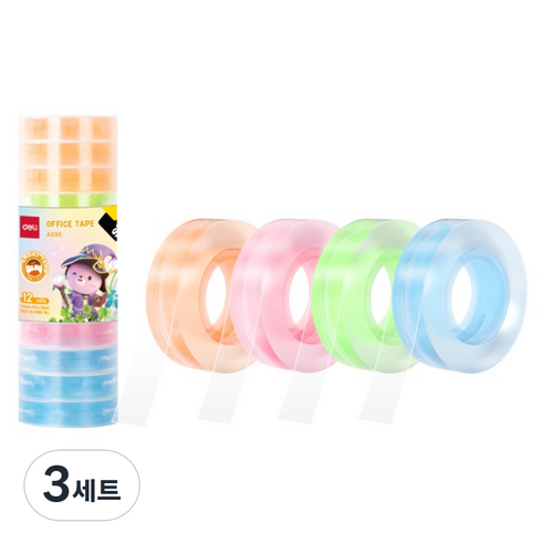 델리 테이프 컬러링 리필 12mm x 28m 4종 x 3p 세트, 3세트, 투명