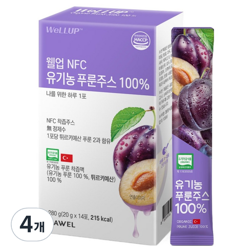 로엘 웰업 NFC 유기농 푸룬주스, 280g, 4개