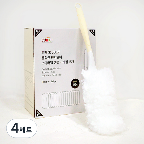 코멧 홈 360도 풍성한 핸들 먼지떨이 스타터팩 + 리필 15p 세트, 화이트, 4세트