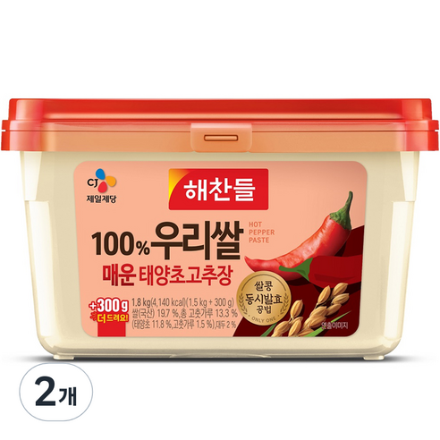 해찬들 100% 우리쌀 매운 태양초 고추장, 1.8kg, 2개