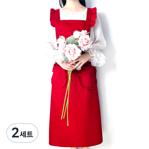 마이워니 원피스형 프릴 롱 에이프런 앞치마 + 두건, 레드, 2세트