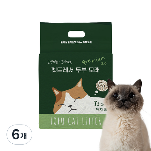 펫드레서 응고형 두부 고양이모래 2mm, 7L, 6개, 녹차향