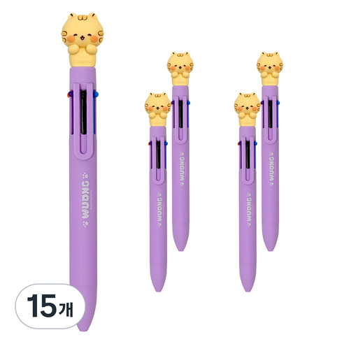 다꾸 캐릭터 우옹이 6색 볼펜 0.7mm, 갈색 고양이, 15개